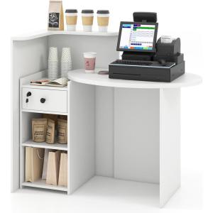 Giantex Reception Desk, Front Counter Desk with Lockable Drawer, Checkout Table with Round Tabletop, Corner Shelf & Adjustable Shelf for Office Beauty Salon Retail Store (White & Black)(White)