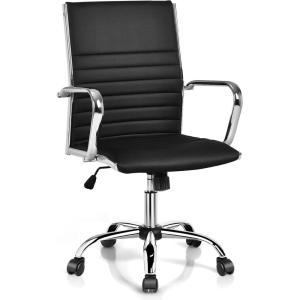 Giantex Ribbed Office Chair, Ergonomic Modern Leather Desk Chair with Adjustable Height & Arms, Swivel Mid Back Executive Conference Room Chairs for Meeting Room, Black(Black)