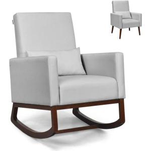 Giantex Rocking Chair Fabric High Back Armchair with Waist Pillow,Wooden Tapered & Rocking Dual Legs Multifunctional Upholstered Accent Chair for Nursery, Living Room, Bedroom Rocker(1, Beige)(Sliver)