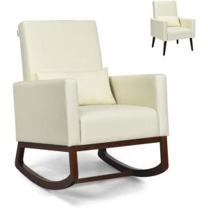 Giantex Rocking Chair Fabric High Back Armchair with Waist Pillow,Wooden Tapered & Rocking Dual Legs Multifunctional Upholstered Accent Chair for Nursery, Living Room, Bedroom Rocker(1, Beige)(Beige)