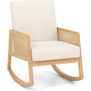 Giantex Rocking Chair, Fabric Upholstered Glider Rocker Chair with Armrest, Rattan Accent Armchair with Soft Padded Seat, Max Load 330 Lbs, Rocking Chair Nursery for Bedroom, Living Room, Reading