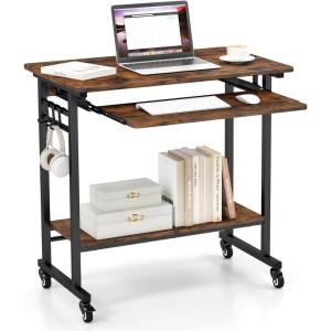 Giantex Rolling Computer Desk, Mobile Desk with Keyboard Tray & Wheels, Portable Laptop PC Table Cart with Shelf & Hooks, Small Desk for Small Spaces, Bedroom, Apartment