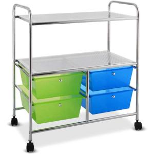 Giantex Rolling Storage Cart w/ 4 Drawers 2 Shelves Metal Rack Shelf Home Office School Beauty Salon Utility Organizer Cart with Wheels (Blue & Green)(Blue & Green & Chrome Finish)