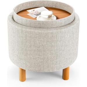 Giantex Round Storage Ottoman with Tray Lid, Accent Storage Footstool w/Soft Padding, Fabric Sitting Stool w/Solid Wood Legs & Non-Slip Pads, Tray Top Coffee Table for Living Room, Bedroom (Beige)(Beige)