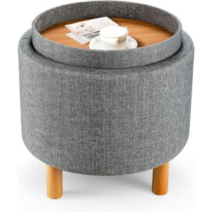 Giantex Round Storage Ottoman with Tray Lid, Accent Storage Footstool w/Soft Padding, Fabric Sitting Stool w/Solid Wood Legs & Non-Slip Pads, Tray Top Coffee Table for Living Room, Bedroom (Beige)(Grey)