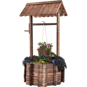 Giantex Rustic Wooden Wishing Well Planter with Hanging Bucket and Roof, Flower Plants Planter Wishing Wells for Outdoors Backyard Patio Garden Lawn Outside Decor