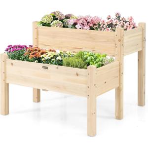Giantex Set of 2 Raised Garden Bed, Elevated Wood Planter Box, Raised Bed Kit for Flowers Vegetables Fruits Herbs Outdoor Planting Container Patio, Balcony, Yard (Natural)(Natural)