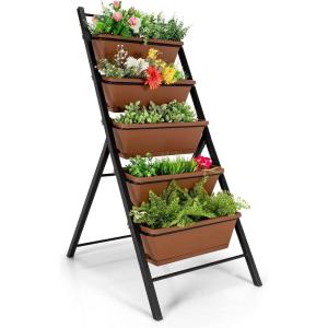 Giantex Set of 2 Vertical Planter Raised Bed, Elevated Garden Beds with Water Drainage Hole, Freestanding 5 Container Boxes for Herb Vegetables Flowers Growing, Outdoor Indoor Patio Balcony(Brown)