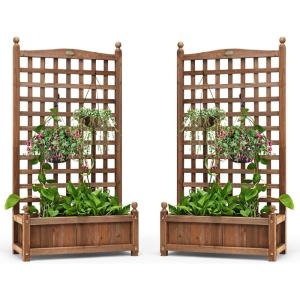 Giantex Set of 2 Wood Planter Free Standing Plant Raised Bed with Trellis for Garden or Yard (11″ D X 25″ W X 48″ H)(2)