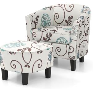 Giantex Small Accent Chair with Ottoman Set, Upholstered Barrel Chair with Footrest, Modern Accent Armchair with Ottoman, Round Club Chair for Living Room, Small Space, Bedroom (Blue Flower)(Blue Flower)