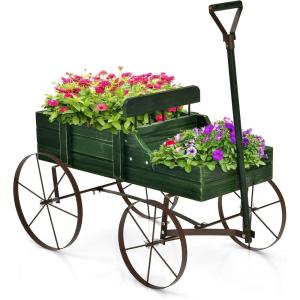 Giantex Small Wagon Planters for Outdoor Plants, Decorative Garden Bed with Metal Wheels, Wood Raised Beds Plant Pot Stand for Backyard Garden Patio 24.5″x13.5″x24″ (Green)(Green)