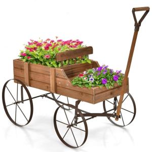 Giantex Small Wagon Planters for Outdoor Plants, Decorative Garden Bed with Metal Wheels, Wood Raised Beds Plant Pot Stand for Backyard Garden Patio 24.5″x13.5″x24″ (Green)(Natural)