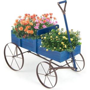 Giantex Small Wagon Planters for Outdoor Plants, Decorative Garden Bed with Metal Wheels, Wood Raised Beds Plant Pot Stand for Backyard Garden Patio 24.5″x13.5″x24″ (Green)(Blue)