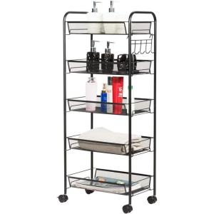 Giantex Storage Rack Trolley Cart Home Kitchen Organizer Utility Baskets with 5 Hooks (5 Tier, Black)(Black)