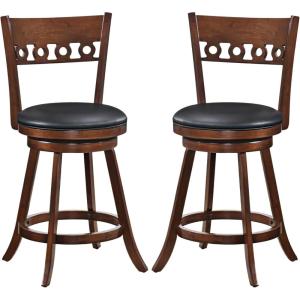 Giantex Swivel Bar Stools Set of 2, 24.5″ Counter Height Bar Chairs with Back, Rubber Wood Frame, Upholstered Farmhouse Faux Leather Barstools for Kitchen Island, Dining Room, Pub, Espresso(1)