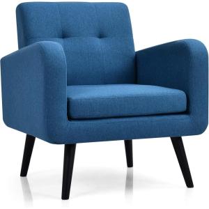 Giantex Upholstered Accent Chair, Modern Mid Century Linen Fabric Living Room Chair with Arms, Max Load 265 Lbs, Comfy Tufted Single Sofa for Reading, Bedroom, Office, Club, Grey(Blue)