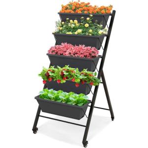 Giantex Vertical Raised Garden Bed, Elevated Planter Raised Beds with Water Drainage, Freestanding 5 Container Boxes for Vegetables and Flowers Growing, Outdoor Indoor Patio Balcony(Dark Gray- Wheels)