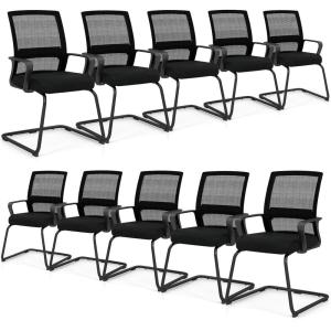 Giantex Waiting Room Chair Set of 2, Office Guest Chairs w/Ergonomic Mesh Backrest, Lumbar Support & Armrests, Mesh Chairs w/Metal Sled Base for Office, Conference Room, Reception, Black(10)