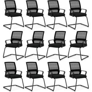 Giantex Waiting Room Chair Set of 2, Office Guest Chairs w/Ergonomic Mesh Backrest, Lumbar Support & Armrests, Mesh Chairs w/Metal Sled Base for Office, Conference Room, Reception, Black(12)