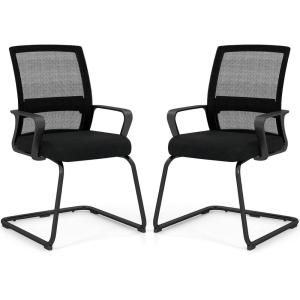 Giantex Waiting Room Chair Set of 2, Office Guest Chairs w/Ergonomic Mesh Backrest, Lumbar Support & Armrests, Mesh Chairs w/Metal Sled Base for Office, Conference Room, Reception, Black(2)