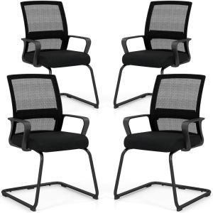 Giantex Waiting Room Chair Set of 2, Office Guest Chairs w/Ergonomic Mesh Backrest, Lumbar Support & Armrests, Mesh Chairs w/Metal Sled Base for Office, Conference Room, Reception, Black(4)