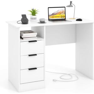 Giantex White Desk with Drawers, Modern Computer Desk with Charging Station, PC Laptop Table Computer Workstation with Storage, Makeup Vanity Table, Writing Desk for Bedroom