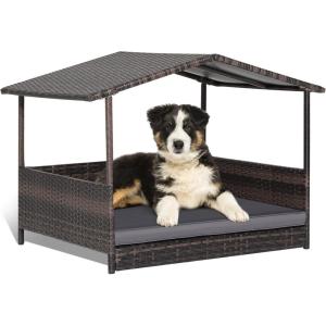 Giantex Wicker Dog House, Raised Rattan Dog Bed with Waterproof Roof, Washable Cushion Cover, Steel Frame, Indoor Outdoor Elevated Dog Bed Pet House for Small Medium Dogs Cats, Easy Assembly(Brown House & Grey Cushion)