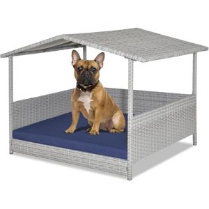 Giantex Wicker Dog House, Raised Rattan Dog Bed with Waterproof Roof, Washable Cushion Cover, Steel Frame, Indoor Outdoor Elevated Dog Bed Pet House for Small Medium Dogs Cats, Easy Assembly(Light Grey House & Navy Cushion)