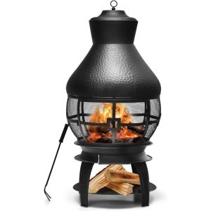 Giantex Wood Burning Chiminea, Heavy Duty Fireplace Chiminea Wooden Fire Pit with 2-Piece Log Grate, Premium Rain Cap & Fire Poker, 360°Fire Retardant Mesh Cover, Ideal for Garden, Patio, Backyard