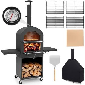 Giantex Wood Fired Pizza Oven with Pizza Stone, Peel, Waterproof Cover, Cooking Grids, Wheels for Outside Camping, Outdoor Backyard Party (64 Inch)(With Side Tables)