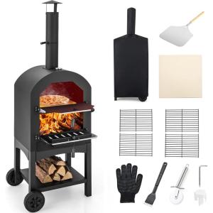 Giantex Wood Fired Pizza Oven with Pizza Stone, Peel, Waterproof Cover, Cooking Grids, Wheels for Outside Camping, Outdoor Backyard Party (64 Inch)(Without Side Tables)