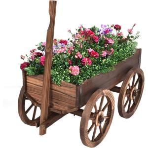 Giantex Wood Wagon Flower Planter Pot Stand W/Wheels Home Garden Outdoor Decor(Brown)