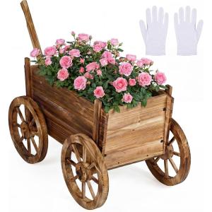 Giantex Wood Wagon Flower Planter Pot Stand W/Wheels Home Garden Outdoor Decor(Natural)