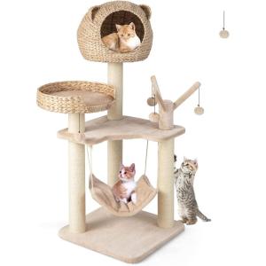 Giantex Wooden Cat Tree, 48 inches Cat Tower with Cattail Condo, Cat Bed, Hammock, Rotatable Jingling Balls, Natural Sisal Scratching Posts, Removable Cushion, Multi-Level Kitten Activity Center