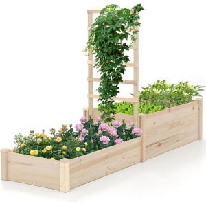 Giantex Wooden Raised Garden Bed with 2 Planter Boxes & Dividers, 90″x25″x10″ Raised Bed for Flowers Vegetables Fruits Herbs Gardening Planting, Outdoor Garden Box for Patio Backyard Lawn (1)(87″x25″x52″)