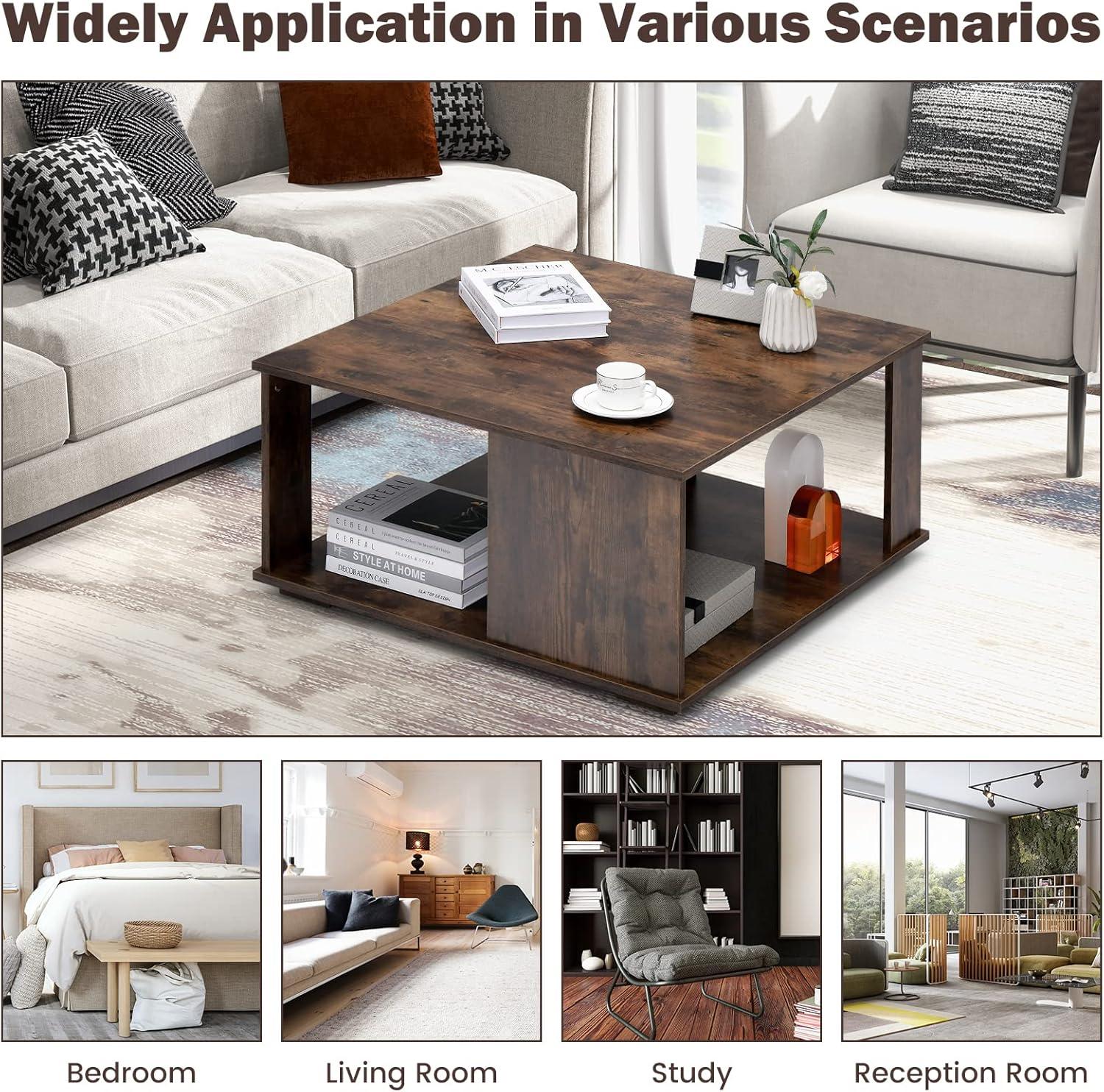 image:imageGiantex 32 Square Coffee Table 2Tier Wooden Table with Storage Shelf Industrial Home Accent Table MidCentury Center Table Ideal for Living Room Study RoomRustic BrownRustic Brown