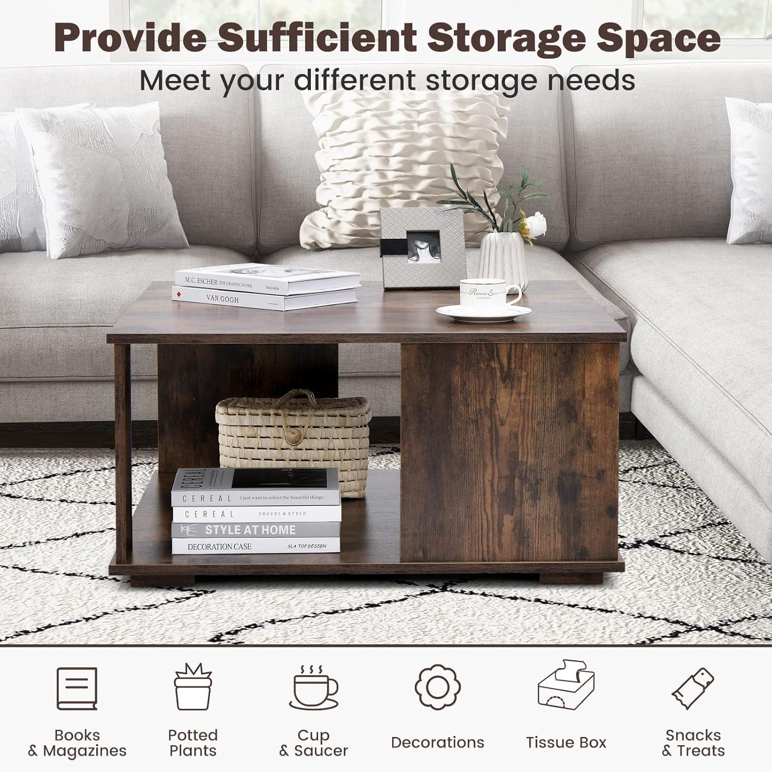 image:imageGiantex 32 Square Coffee Table 2Tier Wooden Table with Storage Shelf Industrial Home Accent Table MidCentury Center Table Ideal for Living Room Study RoomRustic BrownRustic Brown