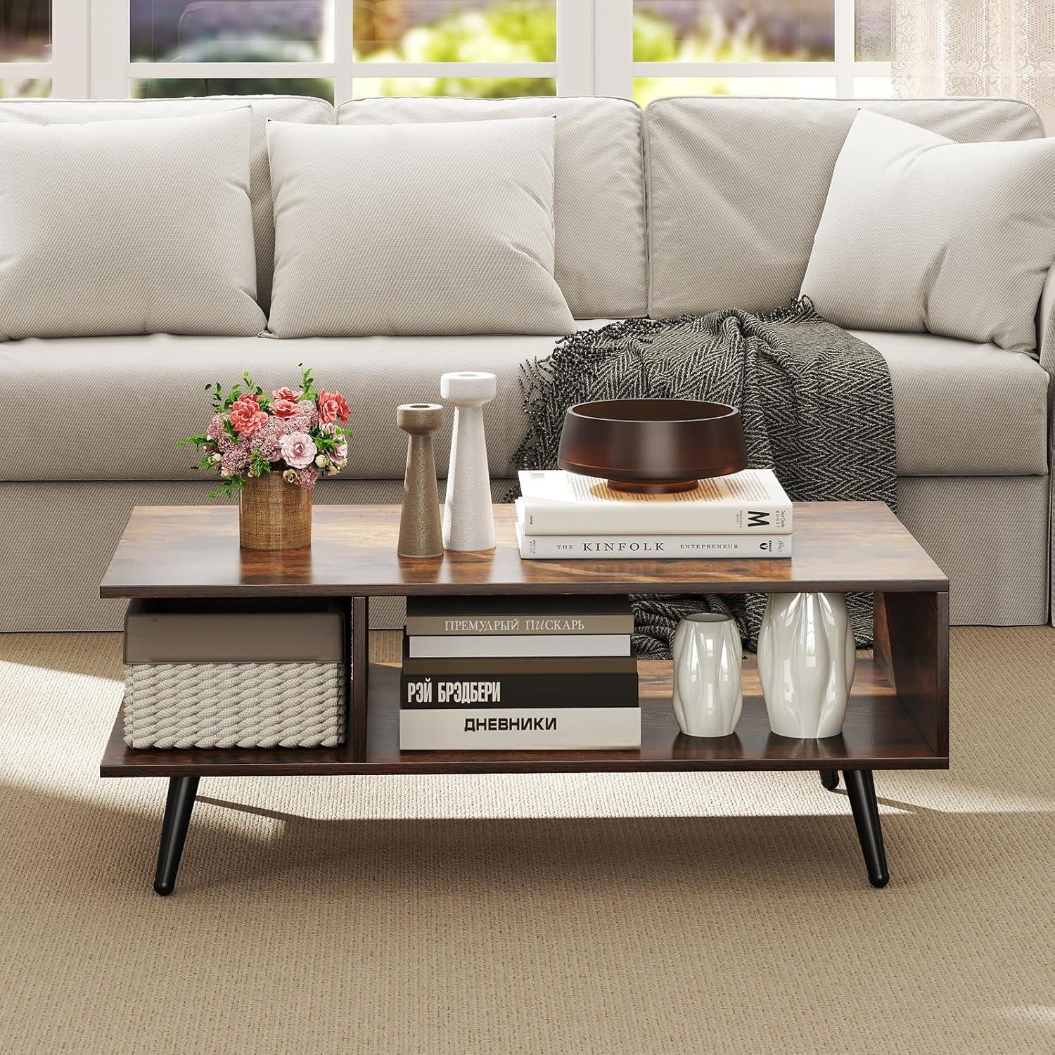 image:imageGiantex Coffee Table with Storage Mid Century Modern Center Table for Living Room Rectangle Tea Table with Open Storage Shelf amp FloorAntiScratching Tapered Metal Legs Rustic Brown Rustic BrownRustic Brown