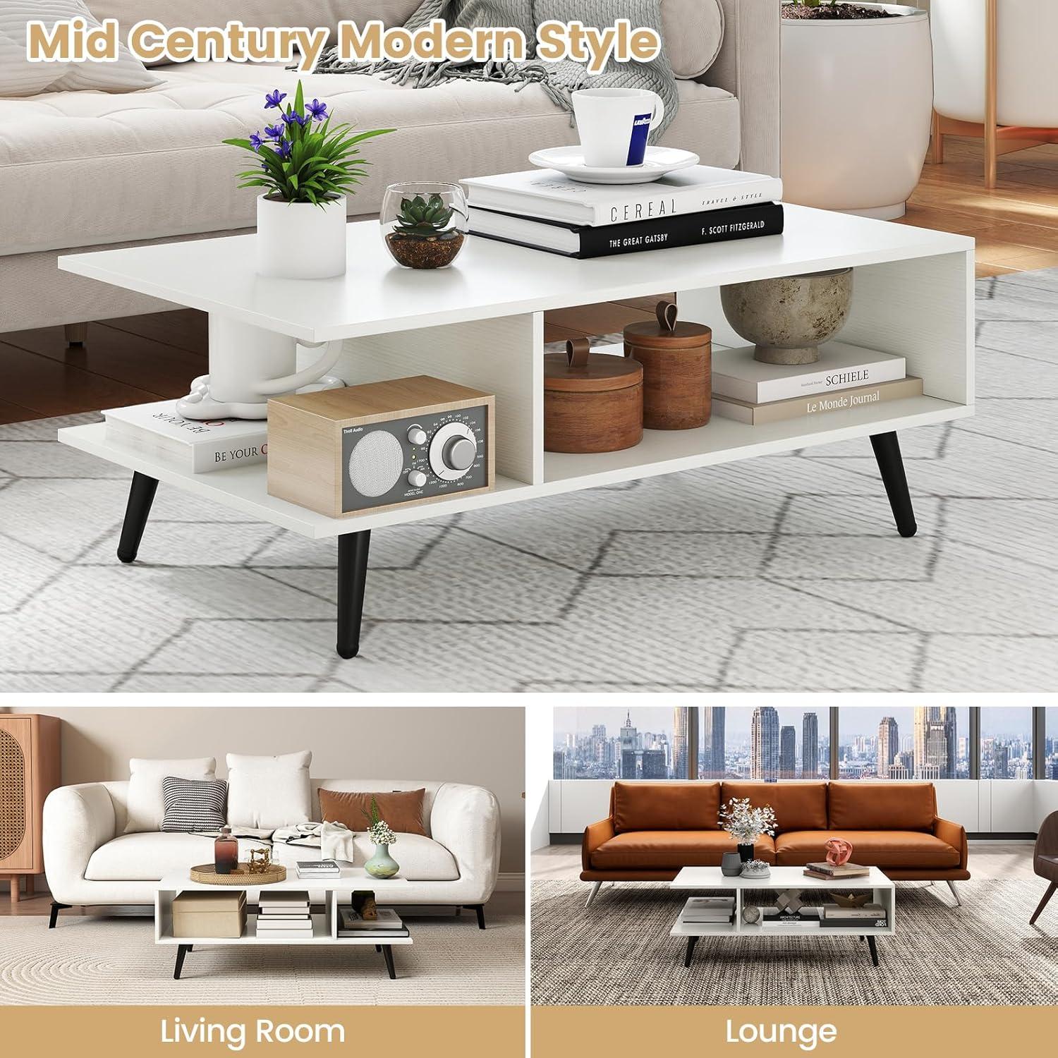 image:imageGiantex Coffee Table with Storage Mid Century Modern Center Table for Living Room Rectangle Tea Table with Open Storage Shelf amp FloorAntiScratching Tapered Metal Legs Rustic Brown Rustic BrownWhite