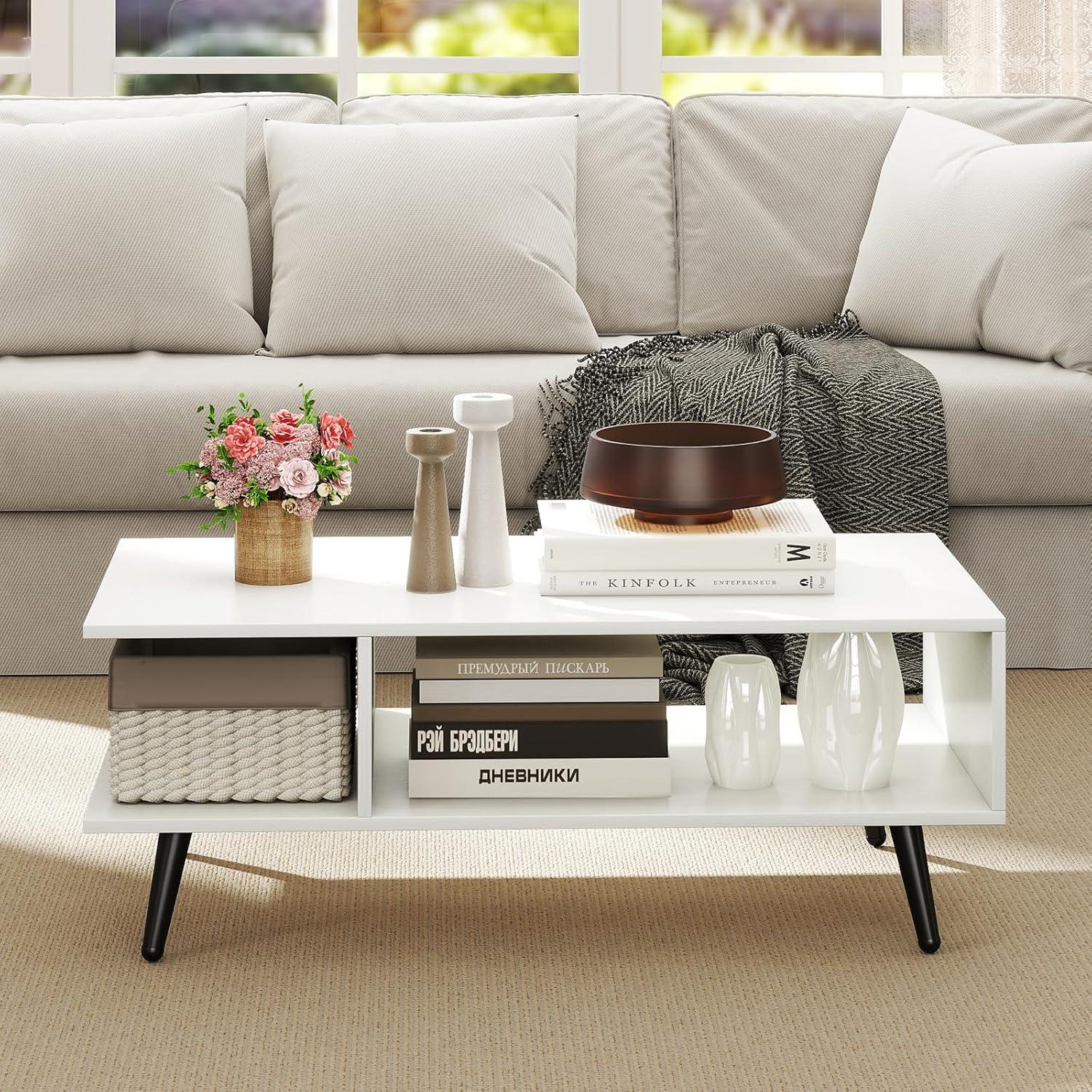 image:imageGiantex Coffee Table with Storage Mid Century Modern Center Table for Living Room Rectangle Tea Table with Open Storage Shelf amp FloorAntiScratching Tapered Metal Legs Rustic Brown Rustic BrownWhite