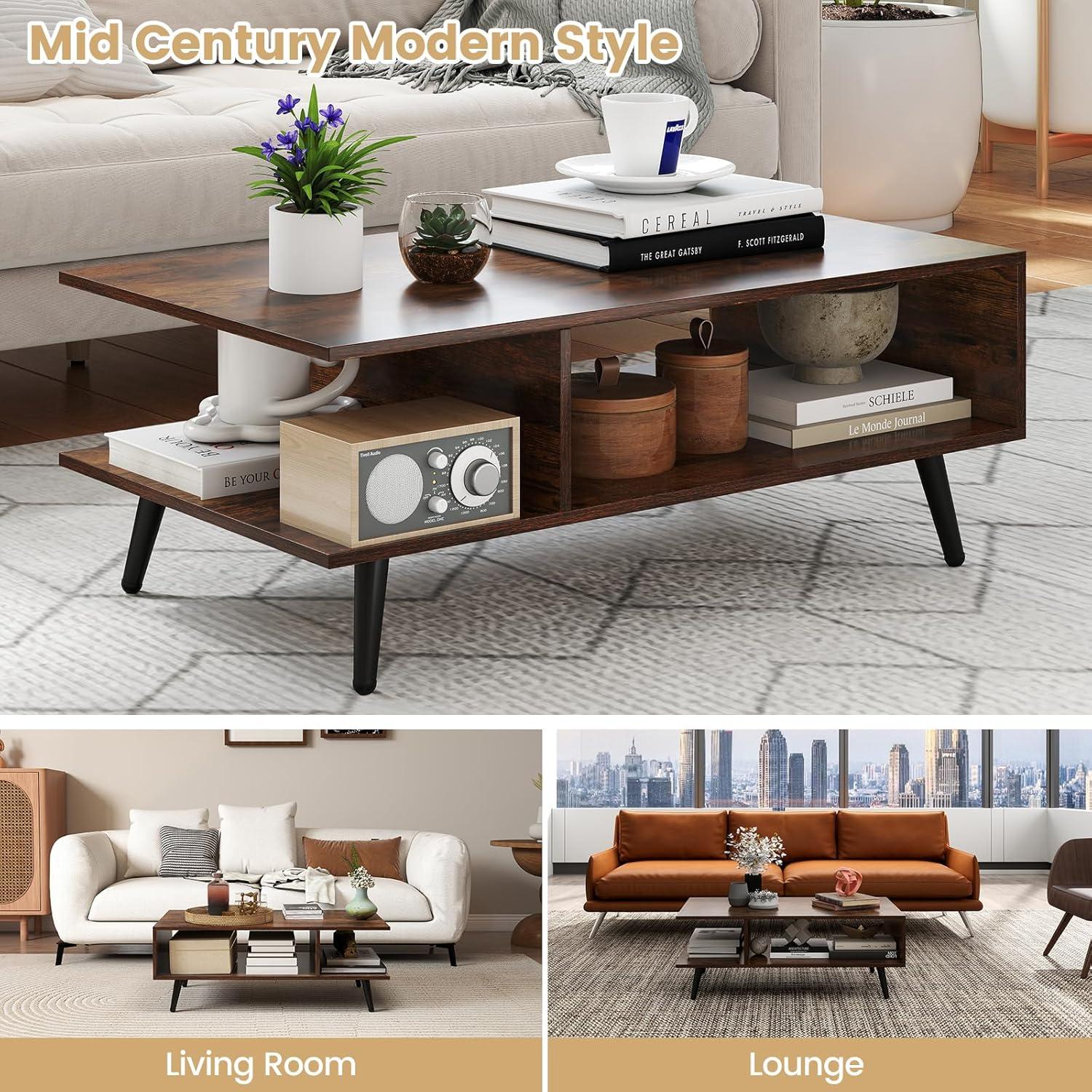image:imageGiantex Coffee Table with Storage Mid Century Modern Center Table for Living Room Rectangle Tea Table with Open Storage Shelf amp FloorAntiScratching Tapered Metal Legs Rustic Brown Rustic BrownRustic Brown