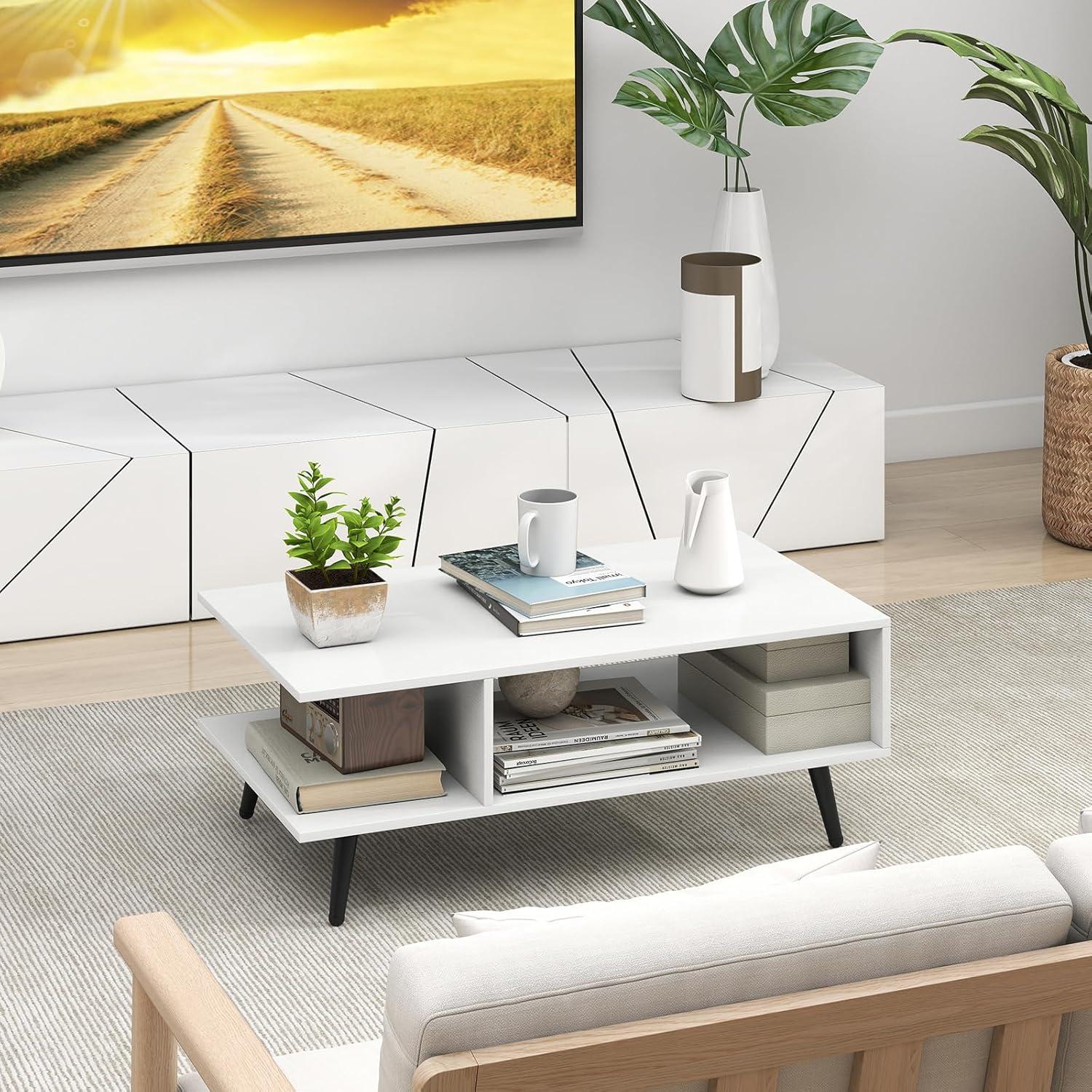 image:imageGiantex Coffee Table with Storage Mid Century Modern Center Table for Living Room Rectangle Tea Table with Open Storage Shelf amp FloorAntiScratching Tapered Metal Legs Rustic Brown Rustic BrownWhite