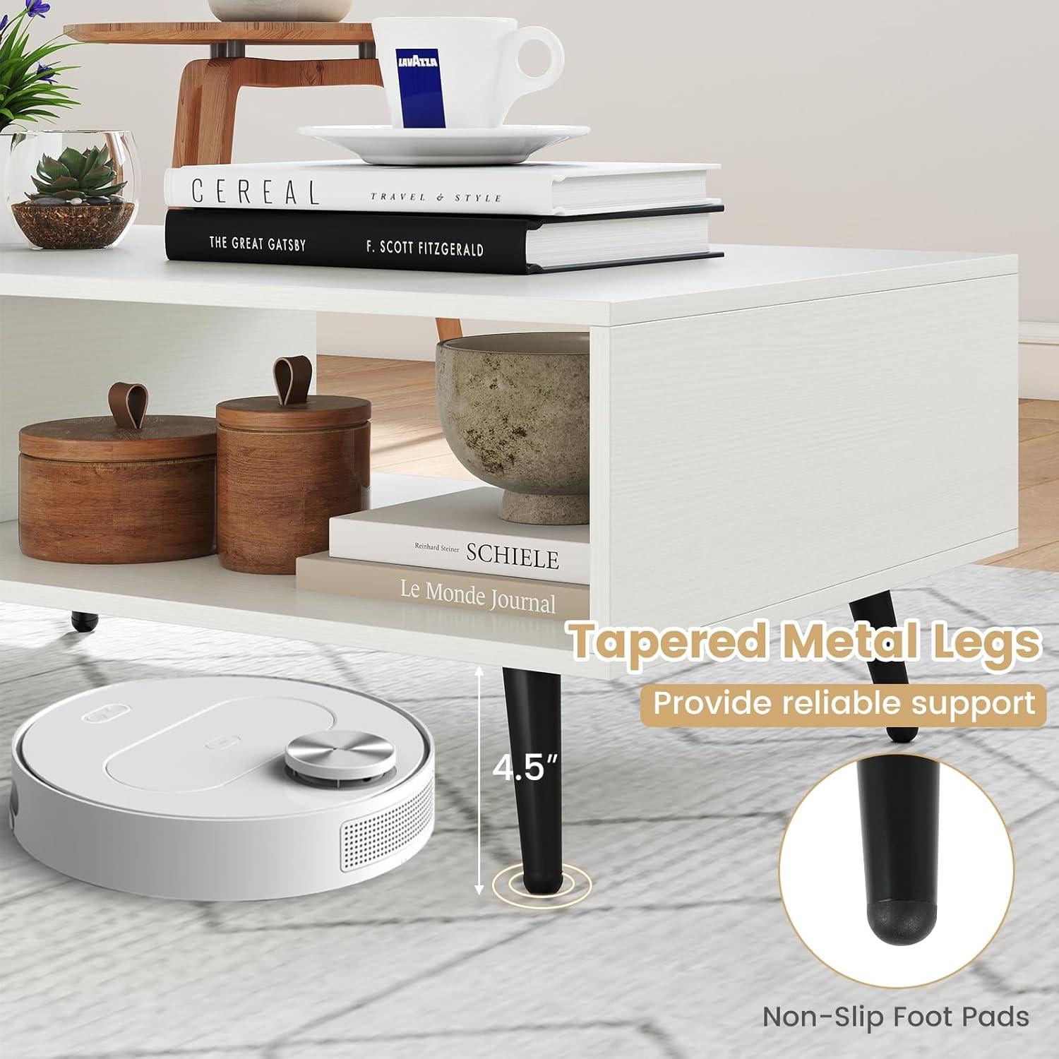 image:imageGiantex Coffee Table with Storage Mid Century Modern Center Table for Living Room Rectangle Tea Table with Open Storage Shelf amp FloorAntiScratching Tapered Metal Legs Rustic Brown Rustic BrownWhite