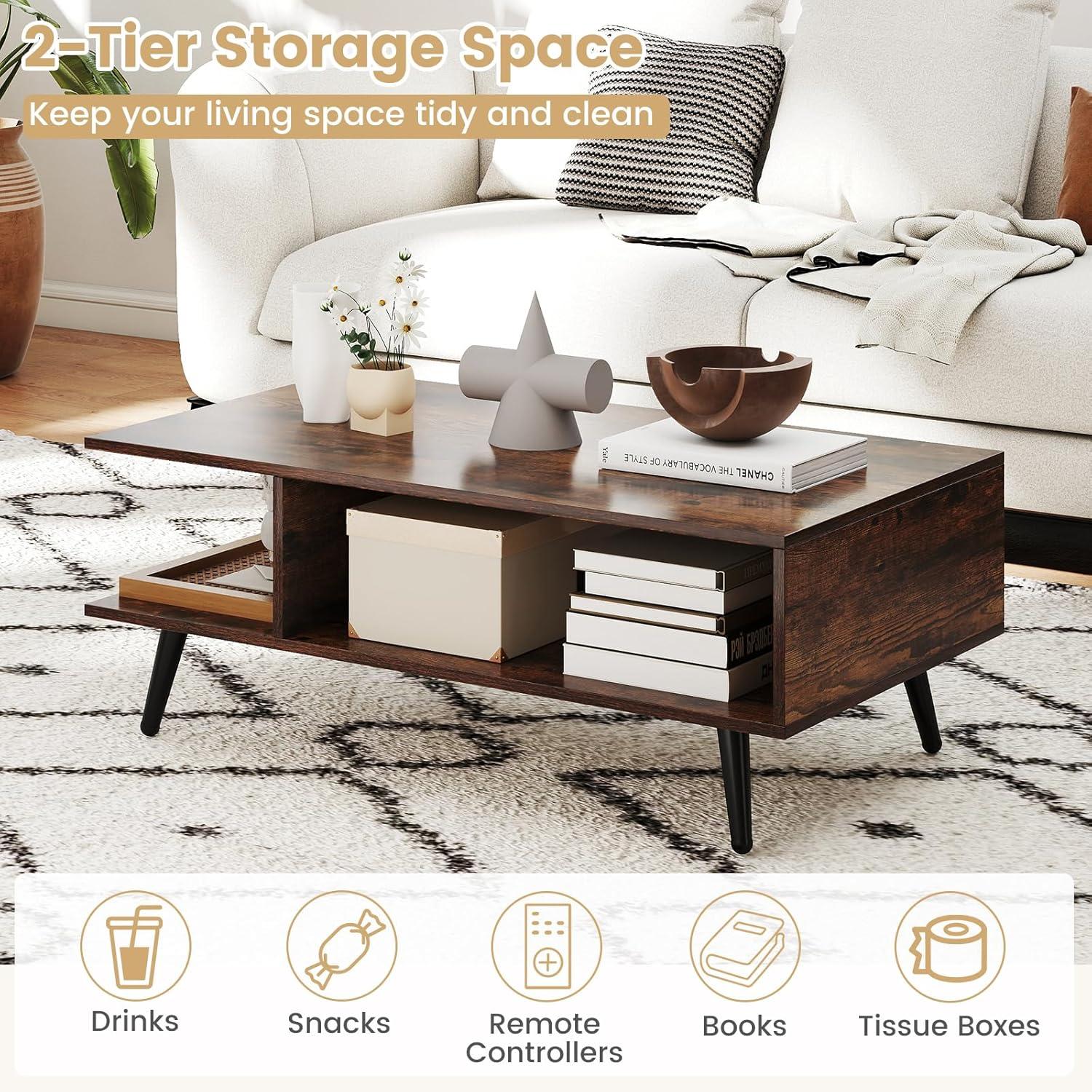image:imageGiantex Coffee Table with Storage Mid Century Modern Center Table for Living Room Rectangle Tea Table with Open Storage Shelf amp FloorAntiScratching Tapered Metal Legs Rustic Brown Rustic BrownRustic Brown