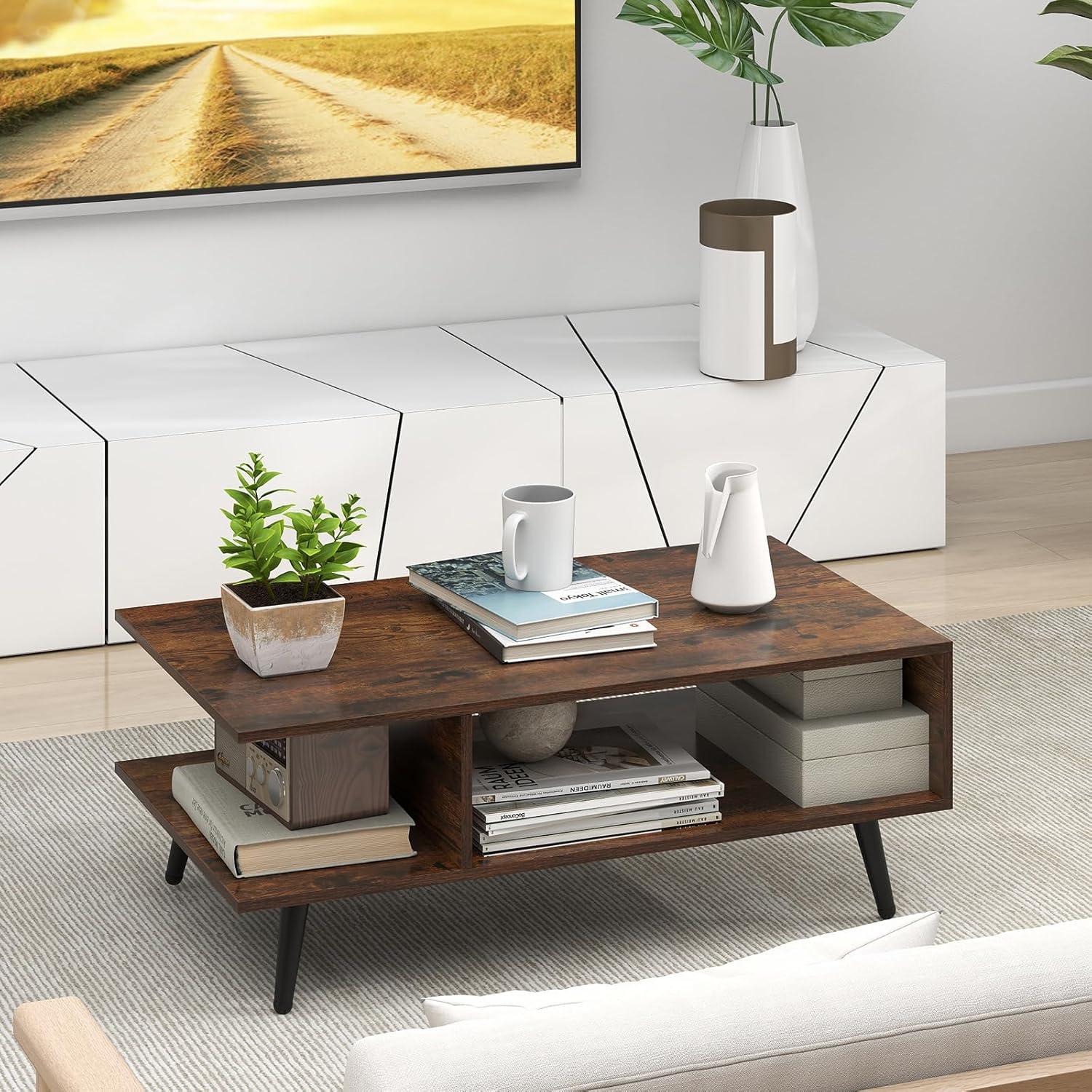 image:imageGiantex Coffee Table with Storage Mid Century Modern Center Table for Living Room Rectangle Tea Table with Open Storage Shelf amp FloorAntiScratching Tapered Metal Legs Rustic Brown Rustic BrownRustic Brown