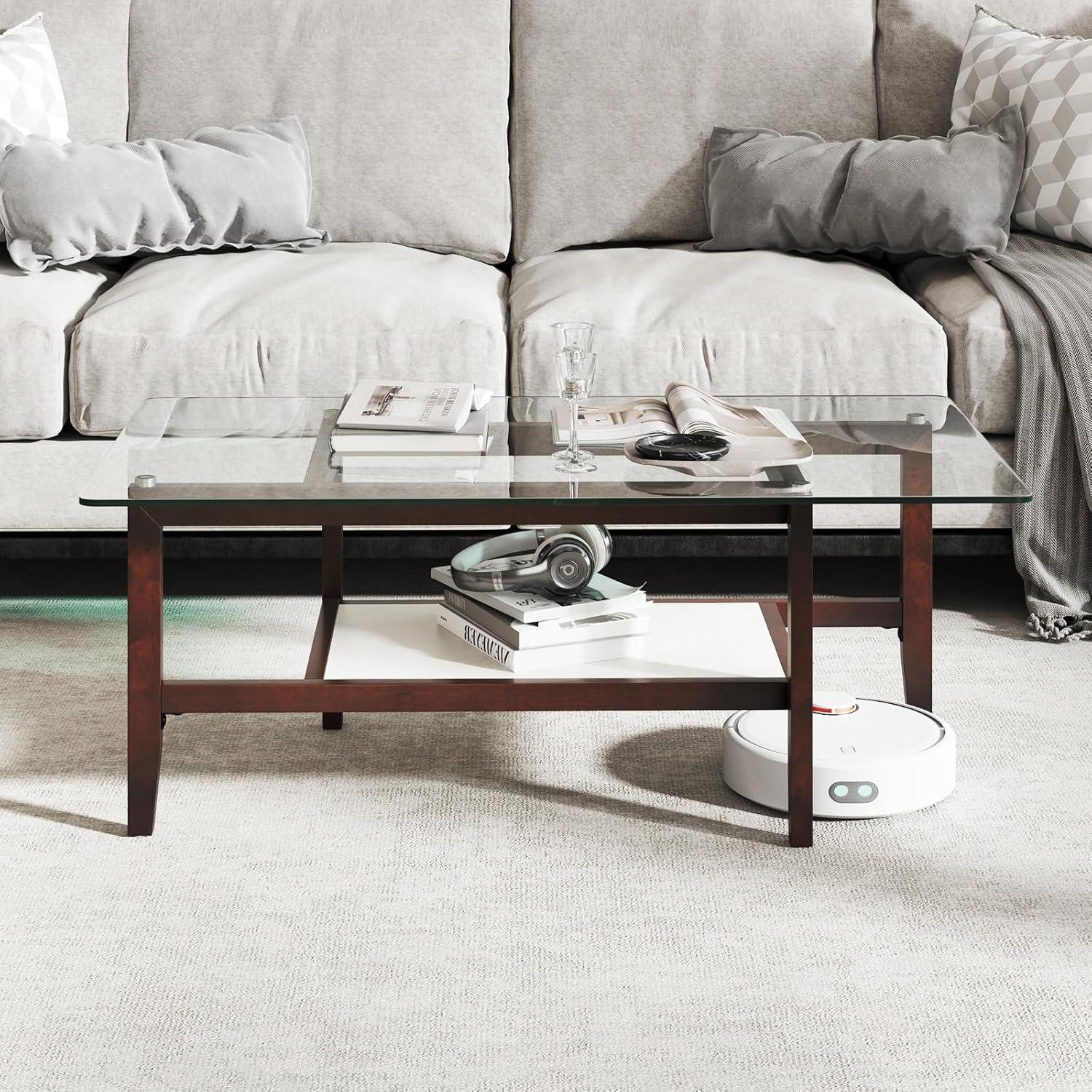 image:imageGiantex Glass Coffee Table 42 Inch 2Tier Rectangular Cocktail Table with Storage Shelf amp Solid Rubber Wood Legs Modern Center Table for Living Room Home Office Brown