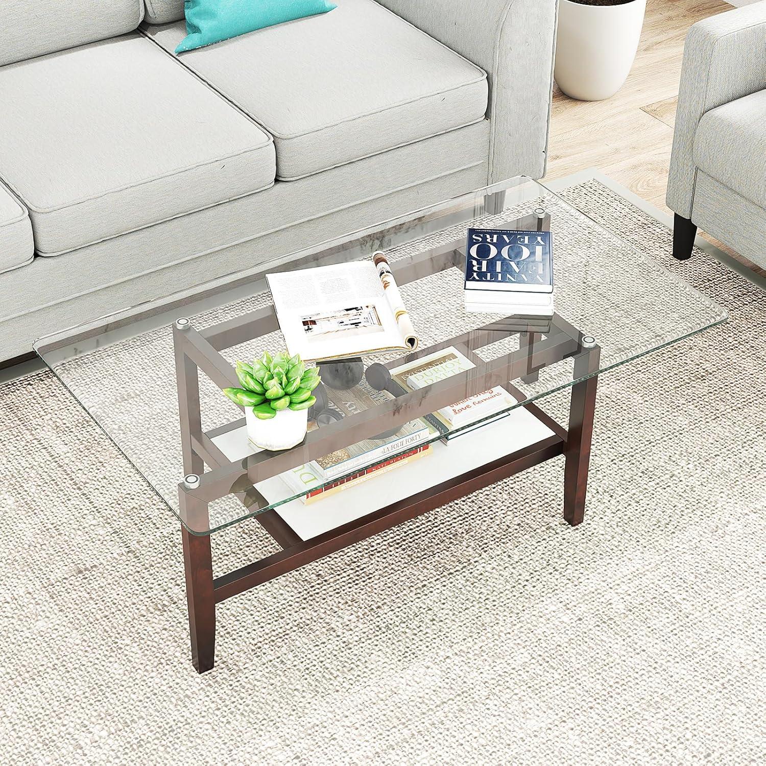 image:imageGiantex Glass Coffee Table 42 Inch 2Tier Rectangular Cocktail Table with Storage Shelf amp Solid Rubber Wood Legs Modern Center Table for Living Room Home Office Brown