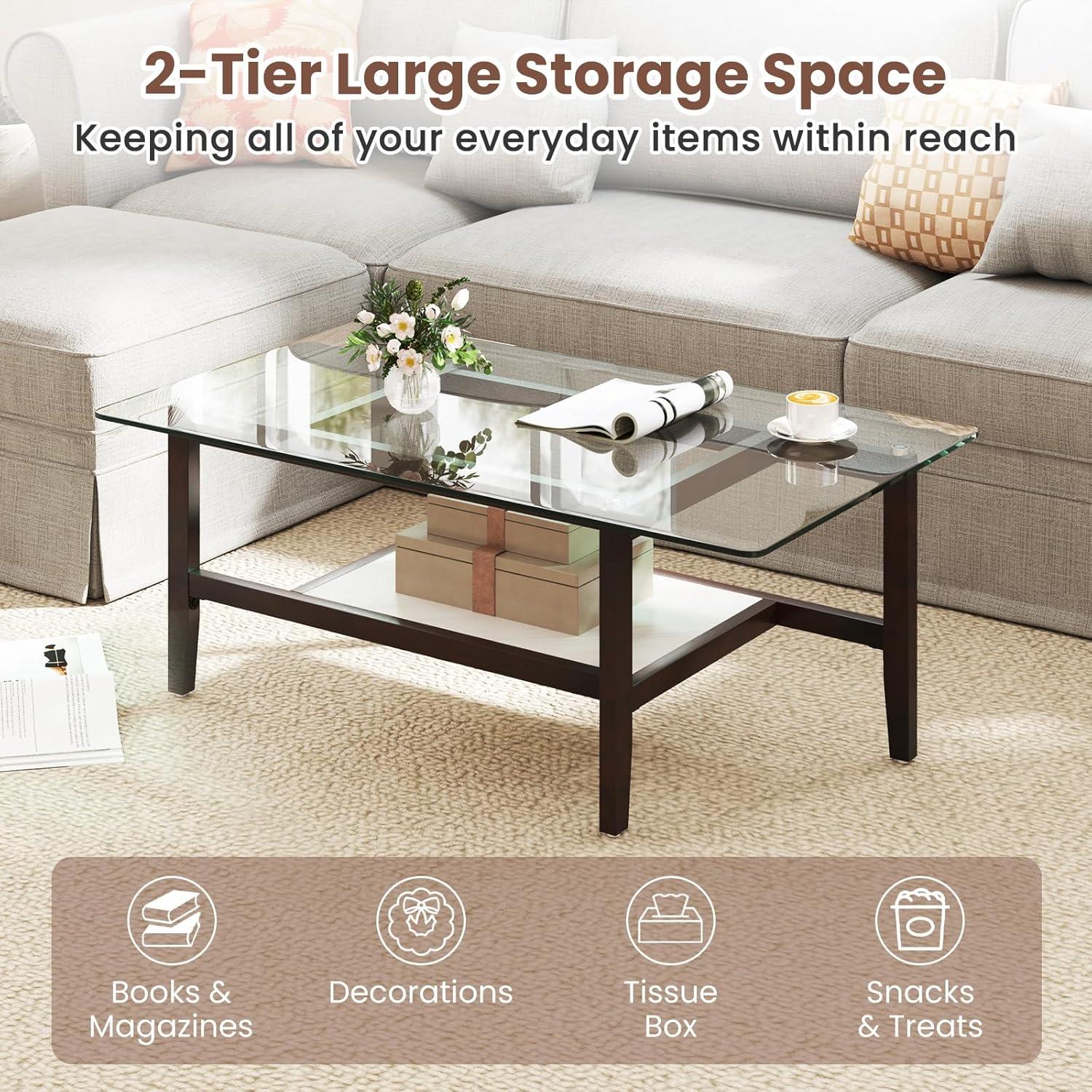 image:imageGiantex Glass Coffee Table 42 Inch 2Tier Rectangular Cocktail Table with Storage Shelf amp Solid Rubber Wood Legs Modern Center Table for Living Room Home Office Brown