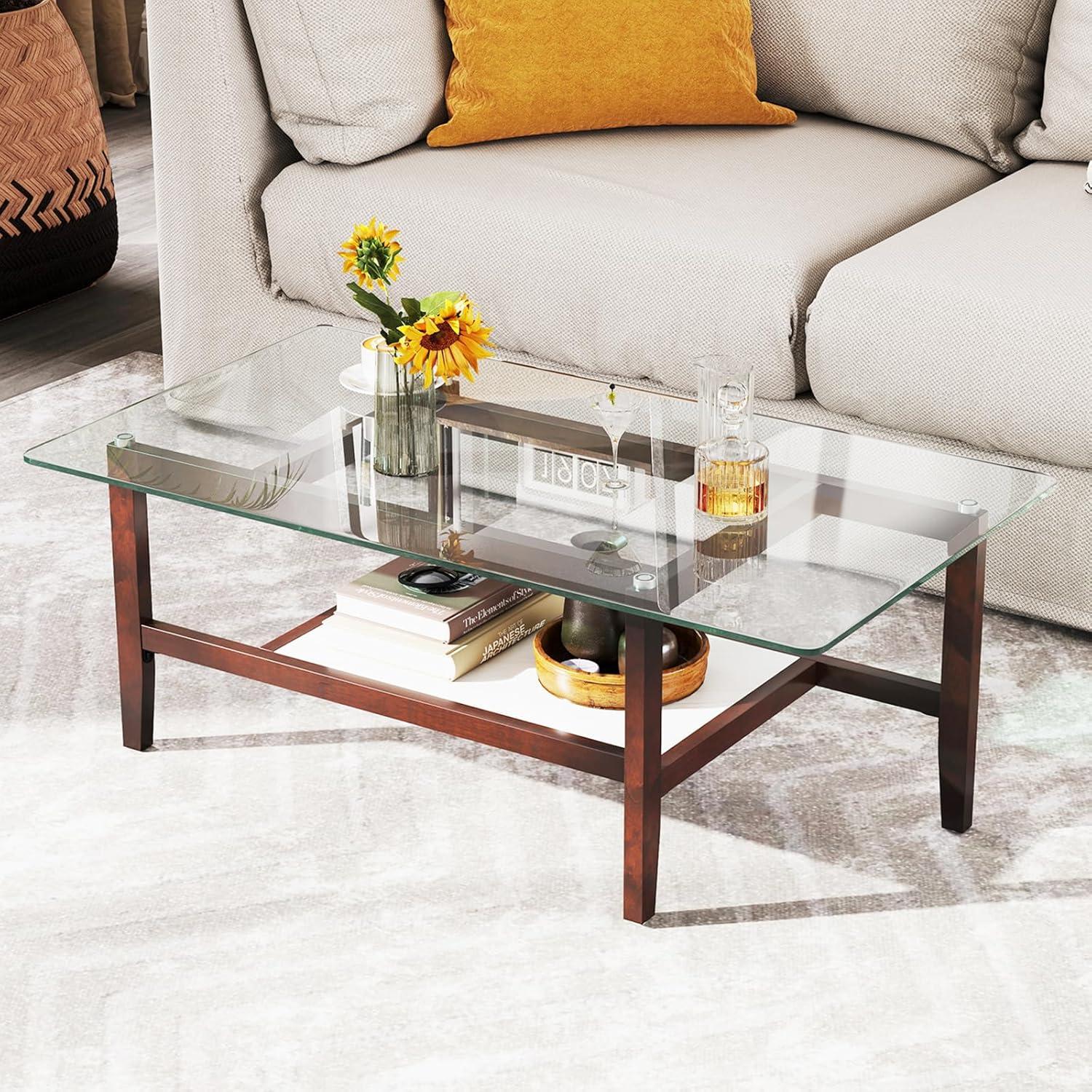 image:imageGiantex Glass Coffee Table 42 Inch 2Tier Rectangular Cocktail Table with Storage Shelf amp Solid Rubber Wood Legs Modern Center Table for Living Room Home Office Brown