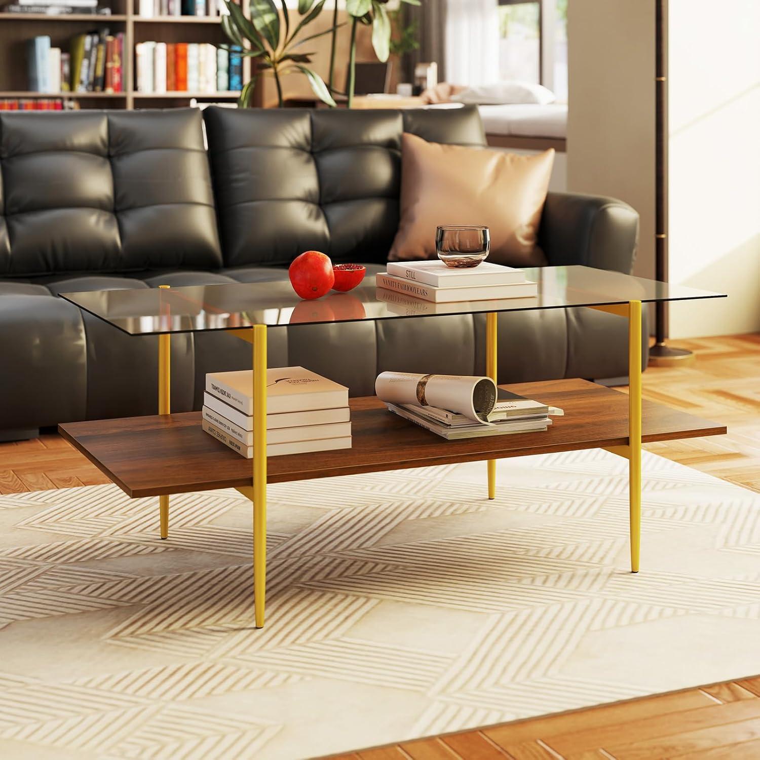 image:imageGiantex Glass Coffee Table Mid Century Modern Center Table with Amber Tampered Glass Tabletop Walnut Storage Shelf amp Golden Legs 2Tier Rectangle Coffee Tables for Living Room Brown